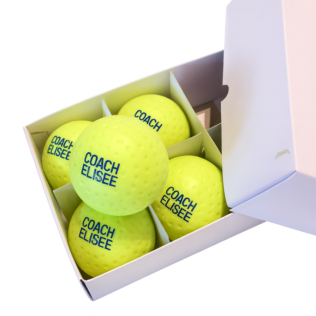 gele hockeybaldoos met 6 hockeyballen
